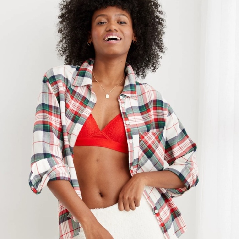 Aerie Off-Duty Flannel Pajama Shirt Medium Red Green Plaid Christmas NWT